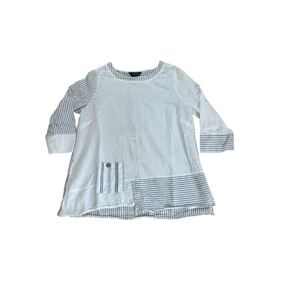 Ali Miles Mixed Print Blouse Top Asymmetrical Hem White Linen Cotton Women Small